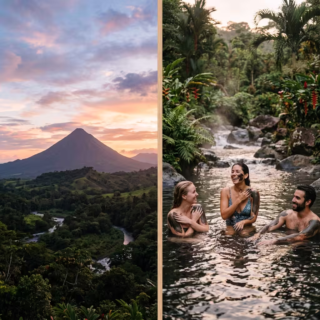Afternoon Arenal Volcano lava trails hike ending with a warm soak and mud therapy in natural hot springs river
