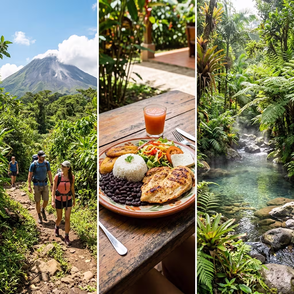 Guided volcano trail walk combined with traditional casado lunch and natural volcanic clay hot springs river soak