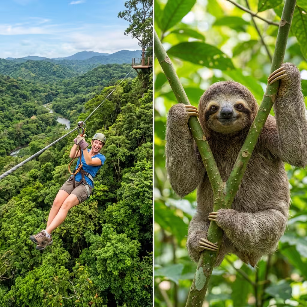 Guided sloth watching walk through natural forest trails combined with high speed canopy zip line adventure