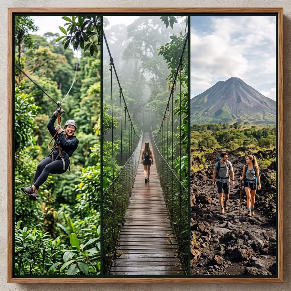 Extreme outdoor adventure combining forest canopy ziplines volcano hiking and mistico suspension hanging bridges