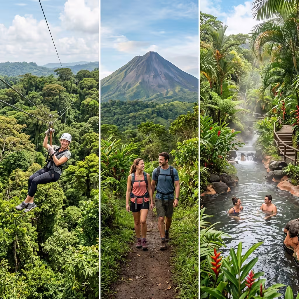 Guided volcano hiking tour and canopy zipline flight combined with natural volcanic hot springs river mud therapy