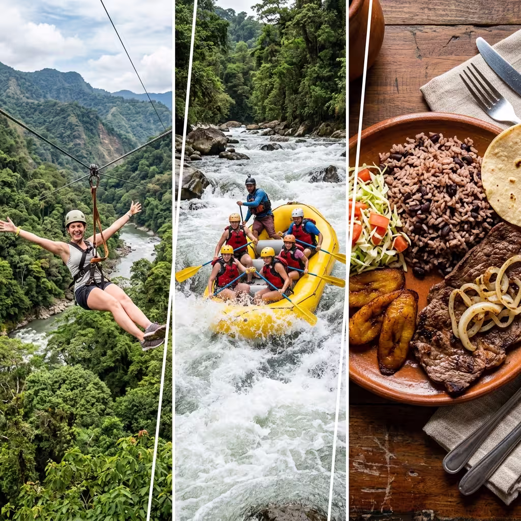 Action canopy zip line flight adventure combined with whitewater rafting through class two and three rapids on Balsa River