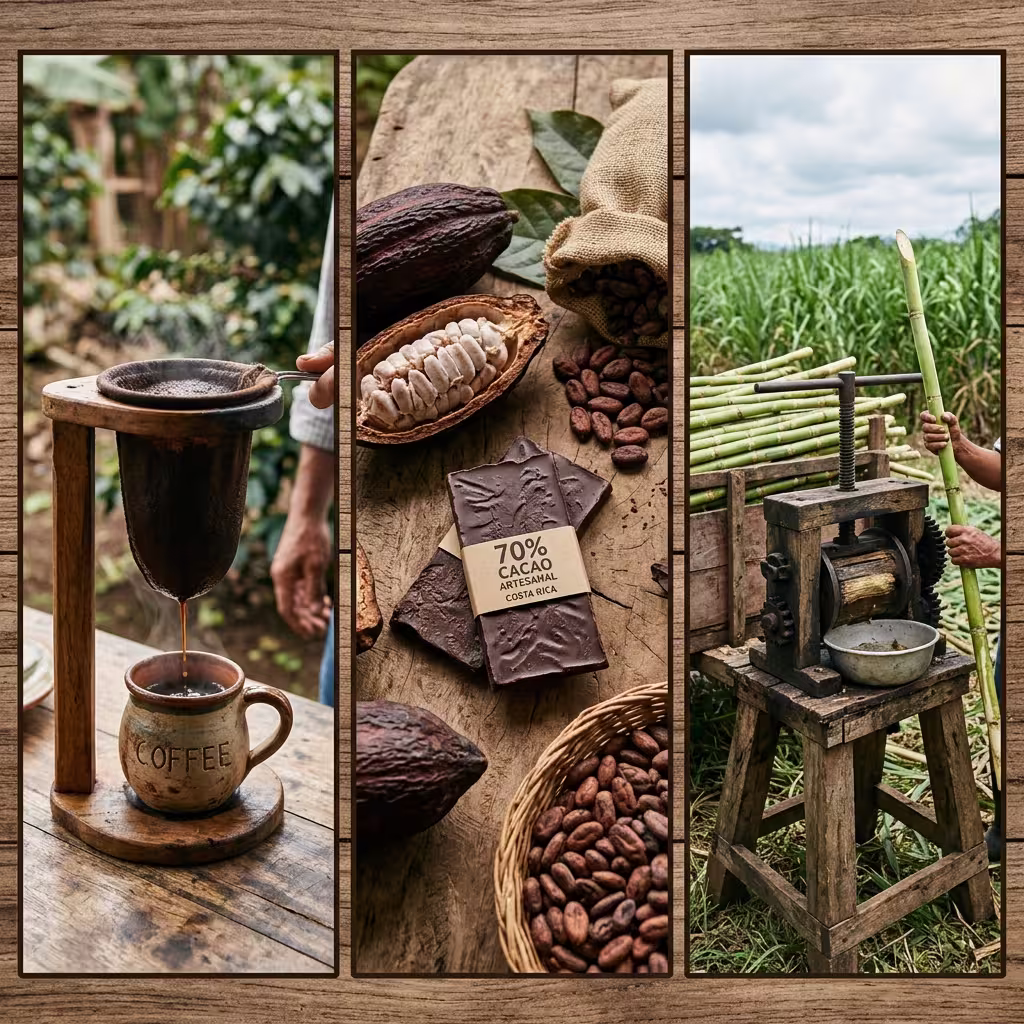 Traditional Costa Rican farm experience with organic coffee brewing handmade chocolate and sugarcane pressing