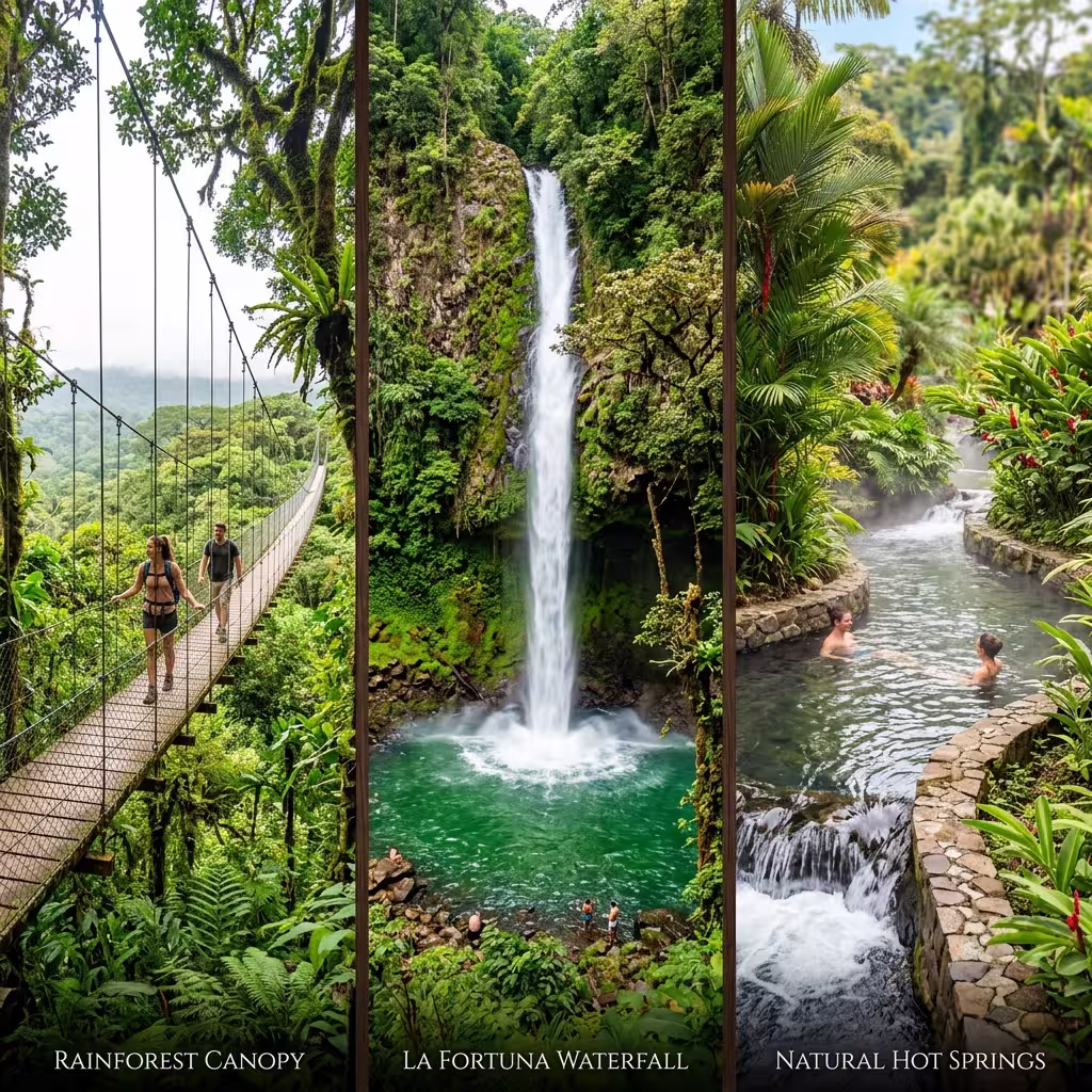 Combo 4 experience combining Mistico hanging bridges La Fortuna waterfall swim lunch and natural hot springs river mud treatment