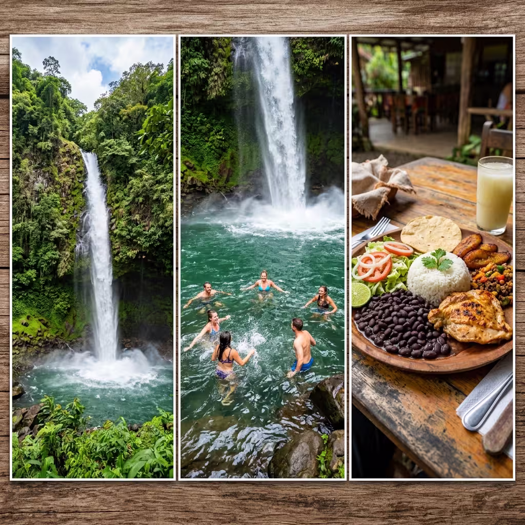 Swim in the emerald green natural pool beneath the massive 70-meter La Fortuna Waterfall with traditional lunch