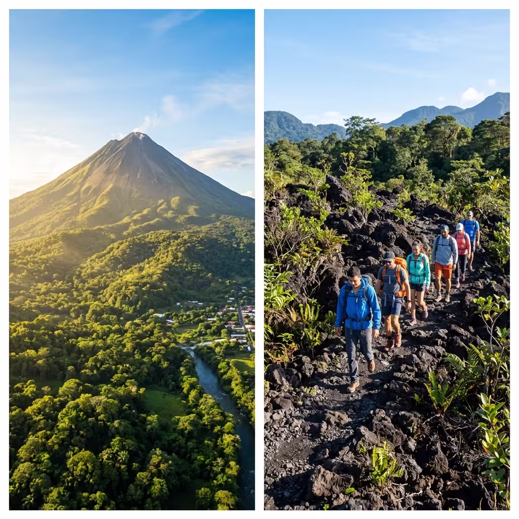 Naturalist guide leading a morning hike along the scenic 1968 volcanic lava flow trails of Arenal Volcano
