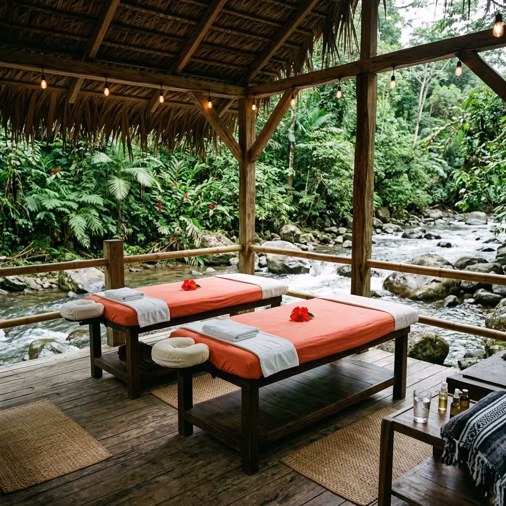 Mesa de masaje de spa a la orilla del río en La Fortuna