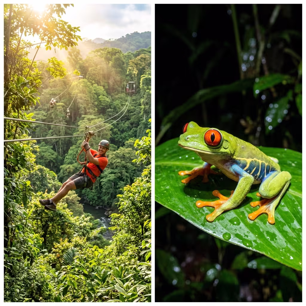 Scenic twilight canopy zipline flight over forest treetops combined with guided night hike search for frogs and spiders
