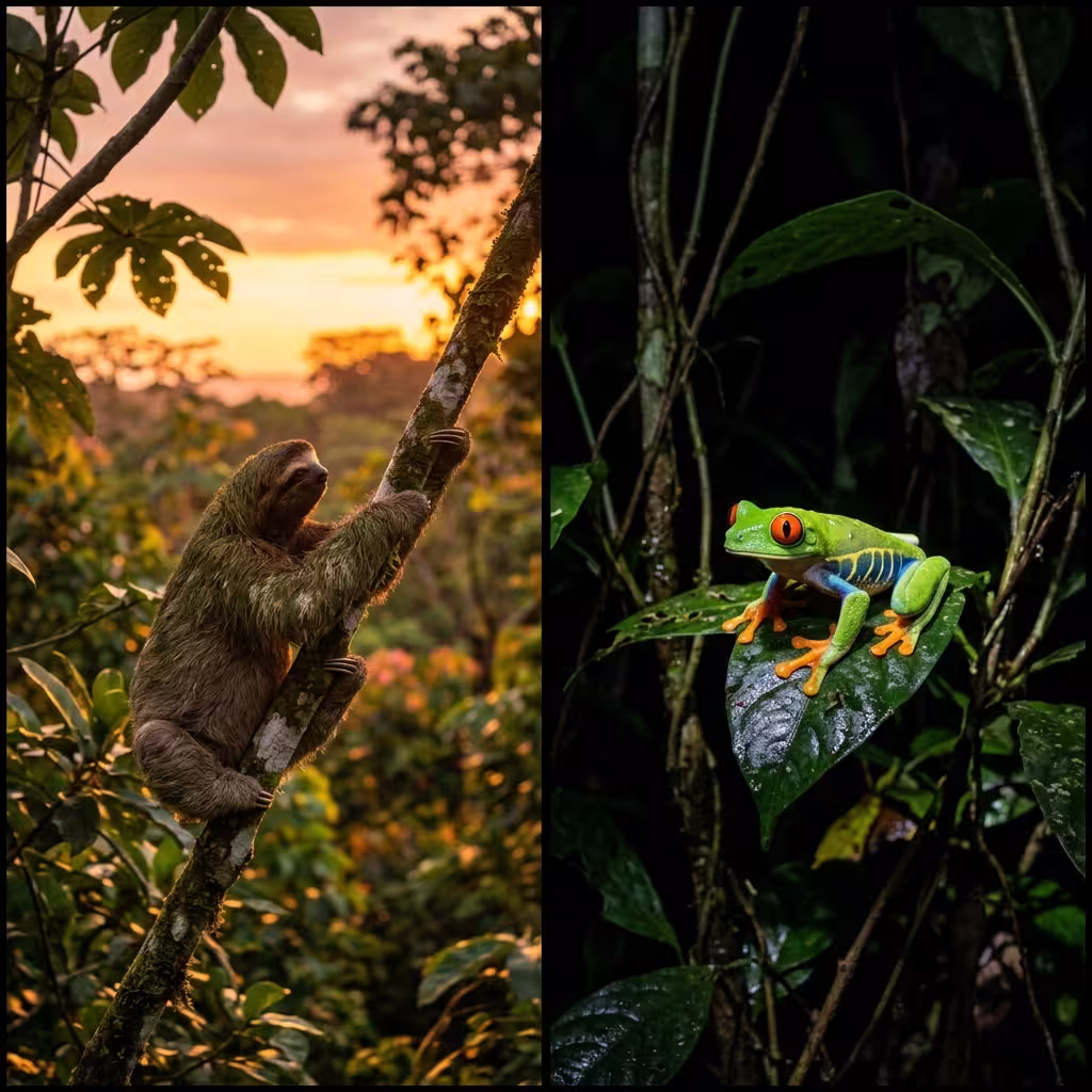 Twilight safari search for active sloths combined with guided night walk for frogs spiders and sleeping birds